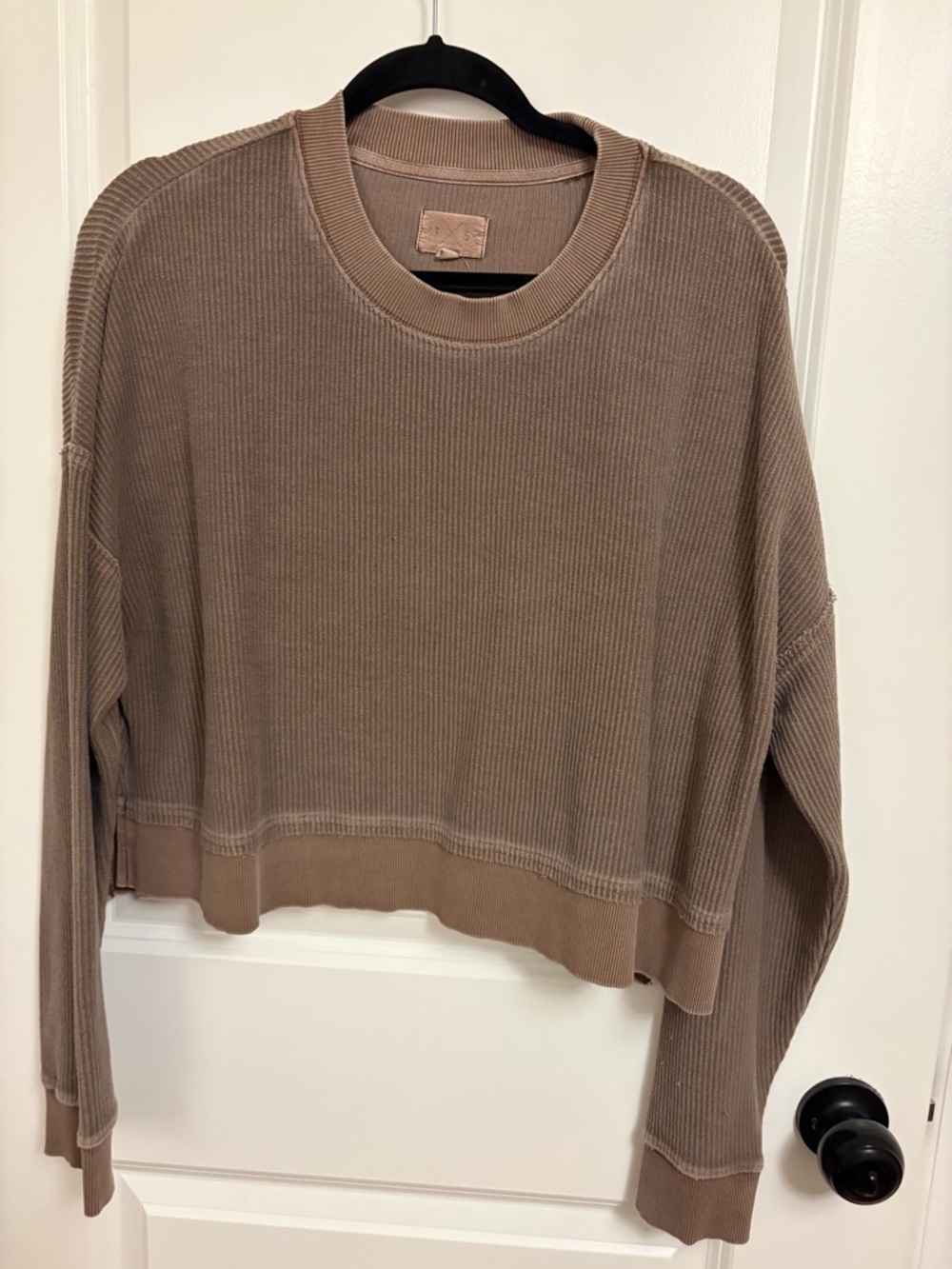 Thread & Supply Taupe Waffle-Knit Cropped Sweatshirt